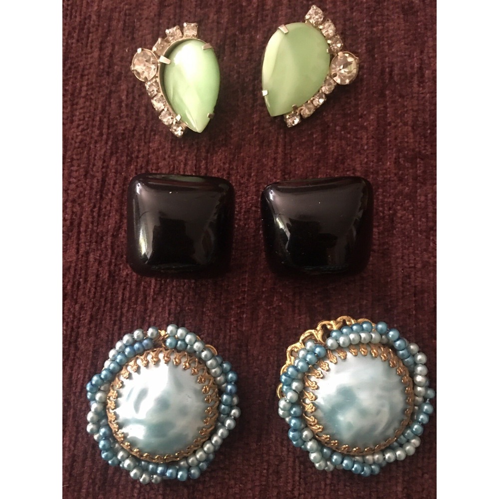 Vintage Haskell Clip On Earrings Lot 3 pairs black green rhinestone blue pearly